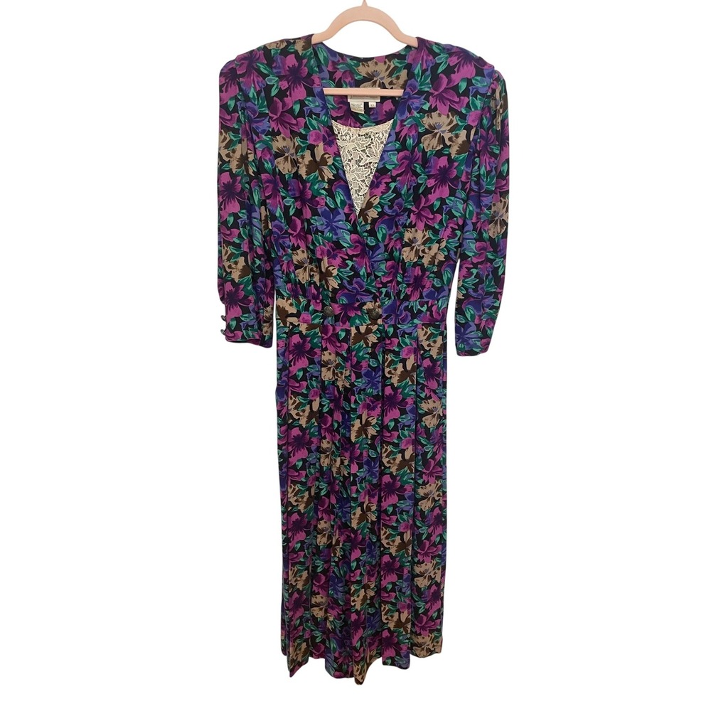 Vintage Midi Dress Purple Teal Floral Lace Inset Justine Todd‎ 80s